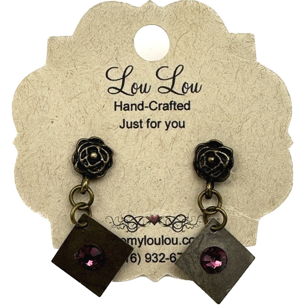 Handmade Purple Swarovski‎ Crystal Bronze Metal Flower Drop Earrings Geometric